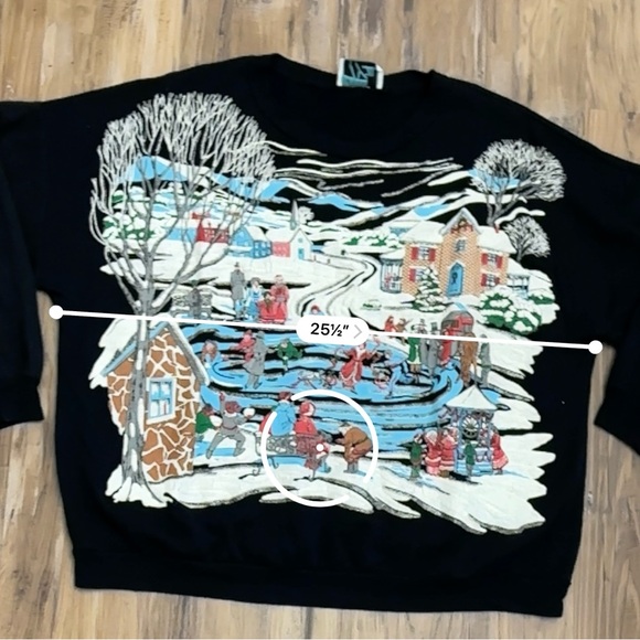 VTG Christmas Winter Holiday Black Crewneck Skiing Christmas Village Sweatshirt - Picture 8 of 8